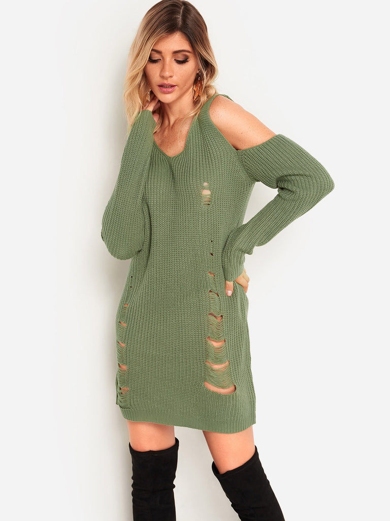 Green V-Neck Cold Shoulder Long Sleeve Tassel Random Ripped Dresses