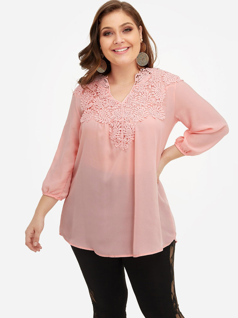 Plain Lace 3/4 Sleeve Plus Size Tops