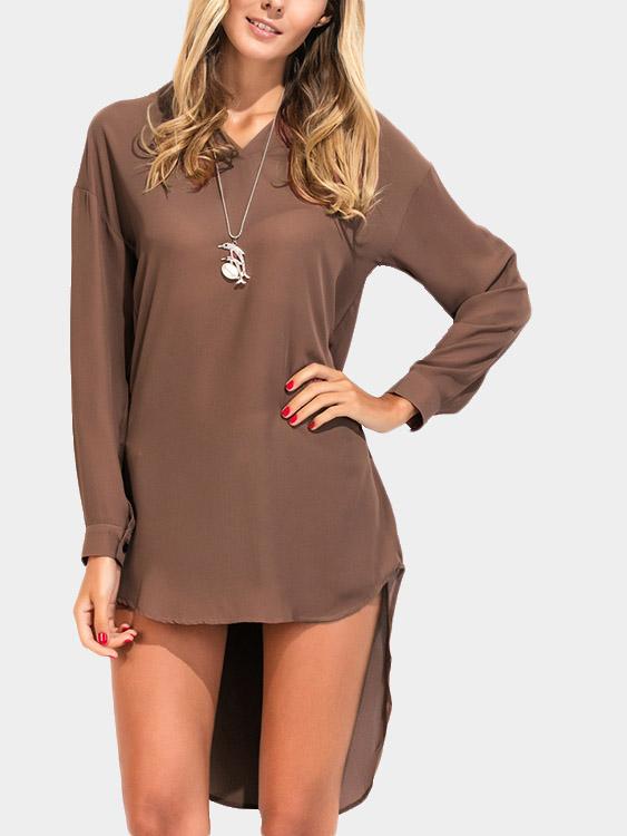 Brown V-Neck Long Sleeve Plain Irregular Hem Casual Dresses