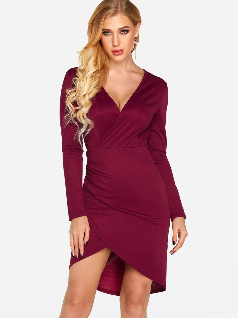 Ladies Burgundy V-Neck Dresses