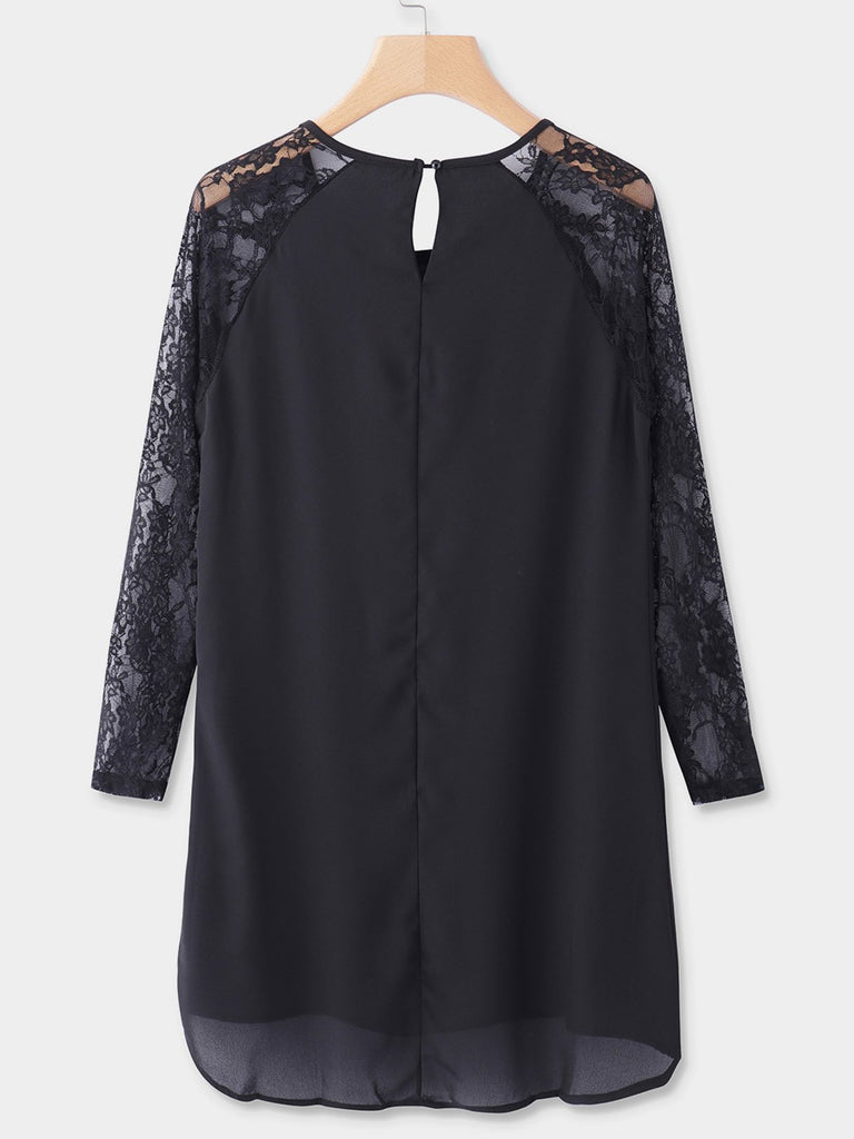 Black Round Neck Long Sleeve Plain Lace Casual Dress