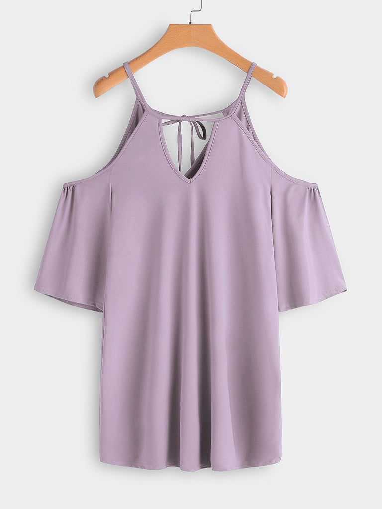 Purple Cold Shoulder 3/4 Sleeve Plain Cut Out Self-Tie Casual Dresses