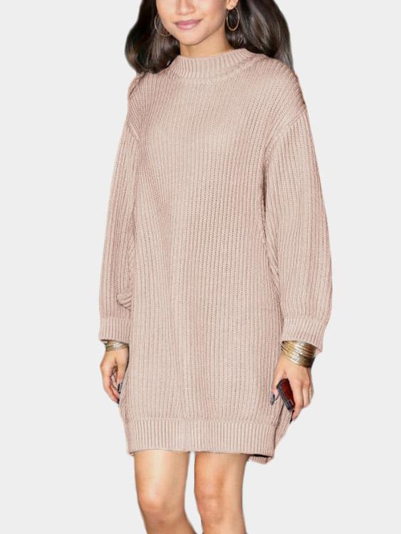 Pink Round Neck Long Sleeve Plain Bodycon Casual Dresses