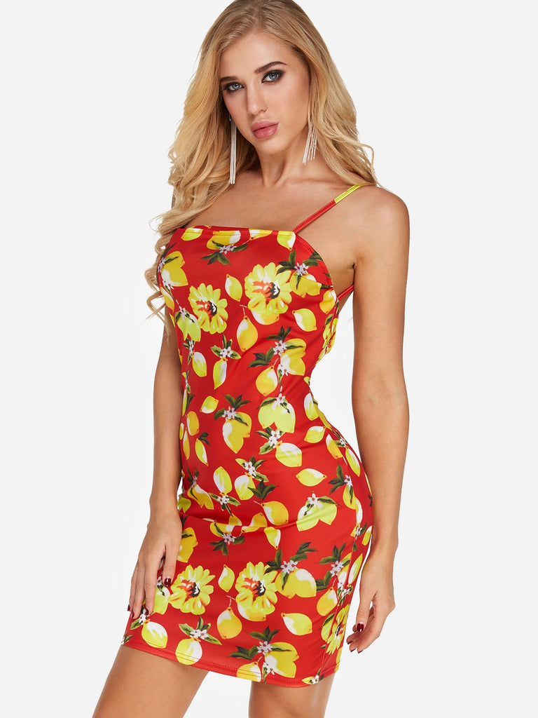 Red Sleeveless Floral Print Zip Back Backless Dresses