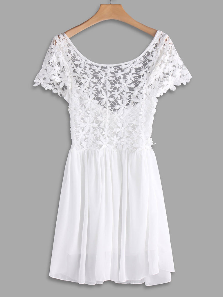 White Round Neck Short Sleeve Plain Lace Zip Back Backless Midi Dress