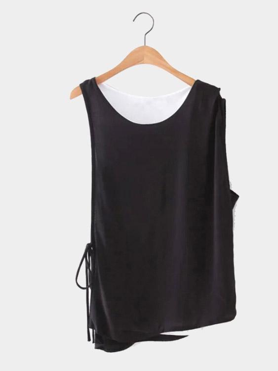 Round Neck Sleeveless Irregular Hem Black Camis