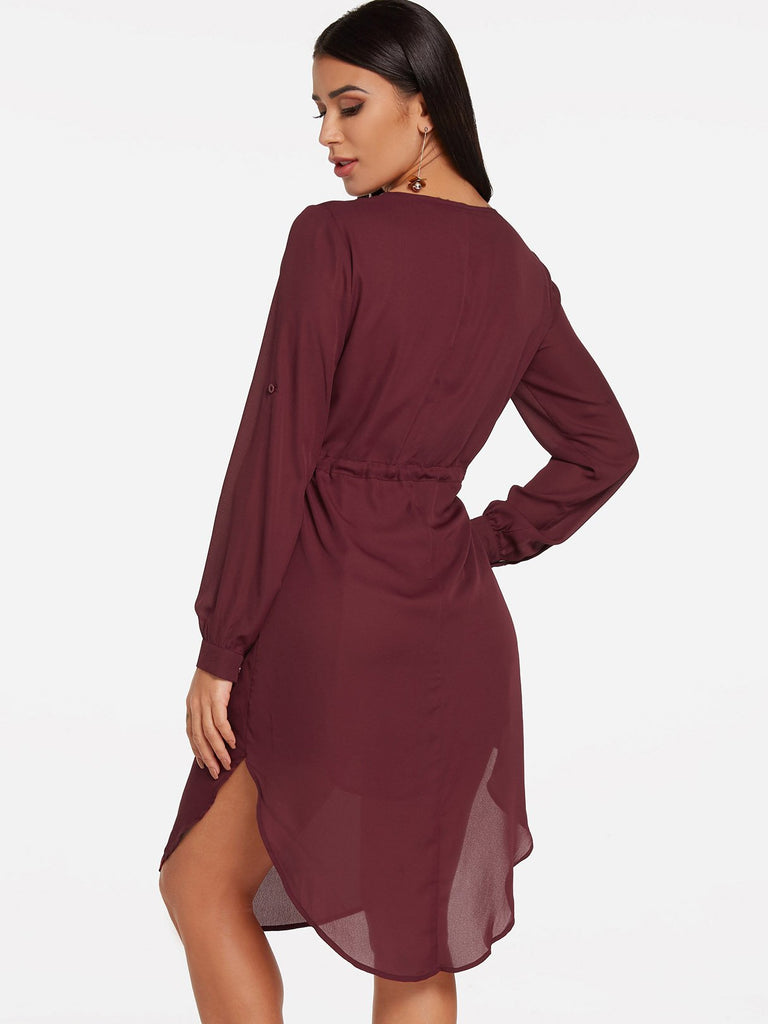 Womens Burgundy V-Neck Dresses