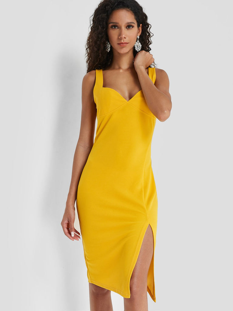 Yellow Deep V Neck Sleeveless Plain Spaghetti Strap Slit Hem Dresses