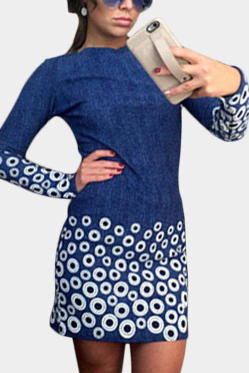 Round Neck Long Sleeve Floral Print Blue Mini Dress