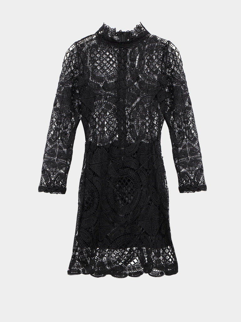 Black Roll Neck Long Sleeve Lace Curved Hem Sexy Dress