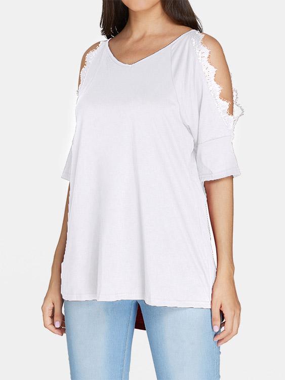 V-Neck Cold Shoulder Plain Crochet Lace Embellished Cut Out Half Sleeve T-Shirts