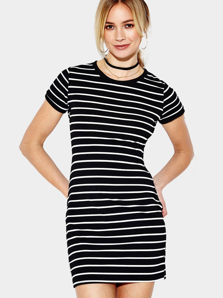 Round Neck Short Sleeve Stripe Mini Dress