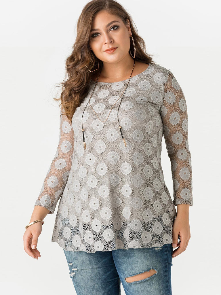 Round Neck Plain Lace Hollow Long Sleeve Grey Plus Size Tops