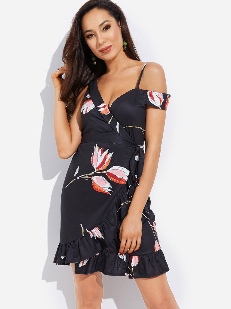 Navy V-Neck Sleeveless Floral Print Wrap Dresses