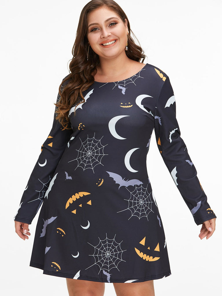 Round Neck Long Sleeve Black Plus Size Dress