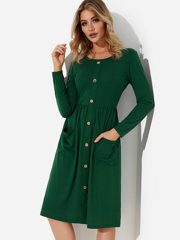 Round Neck Long Sleeve Side Pockets Midi Dress