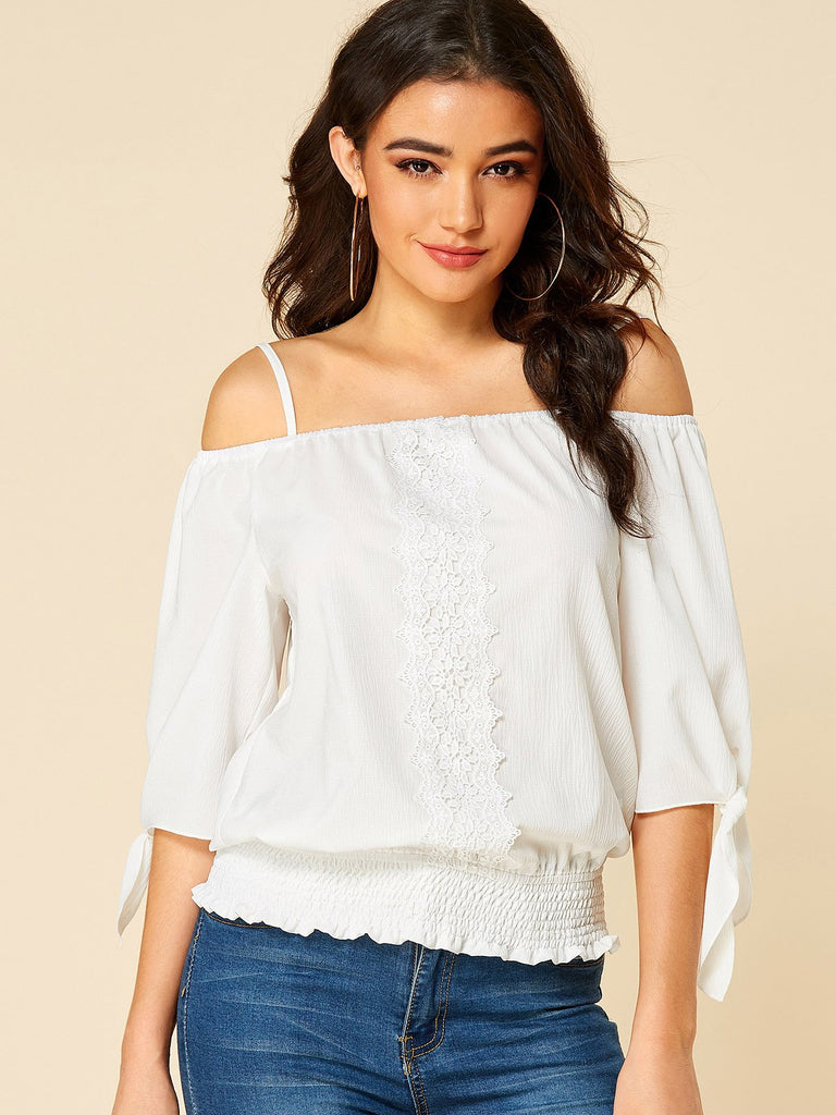Off The Shoulder Plain Spaghetti Strap Self-Tie Lace Insert Half Sleeve White Blouses