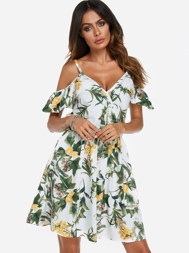 White V-Neck Cold Shoulder Sleeveless Floral Print Wrap Dresses