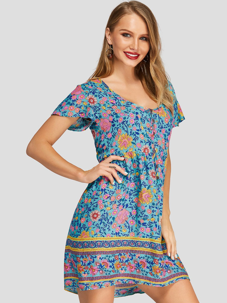 V-Neck Floral Print Short Sleeve Dress