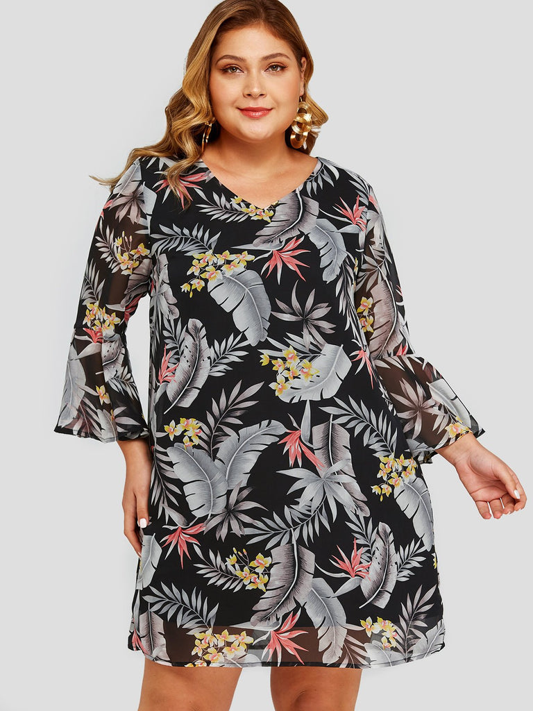 V-Neck Floral Print Long Sleeve Black Plus Size Dress