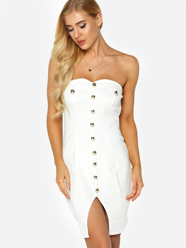 White Strapless Sleeveless Plain Zip Back Slit Hem Sexy Dresses