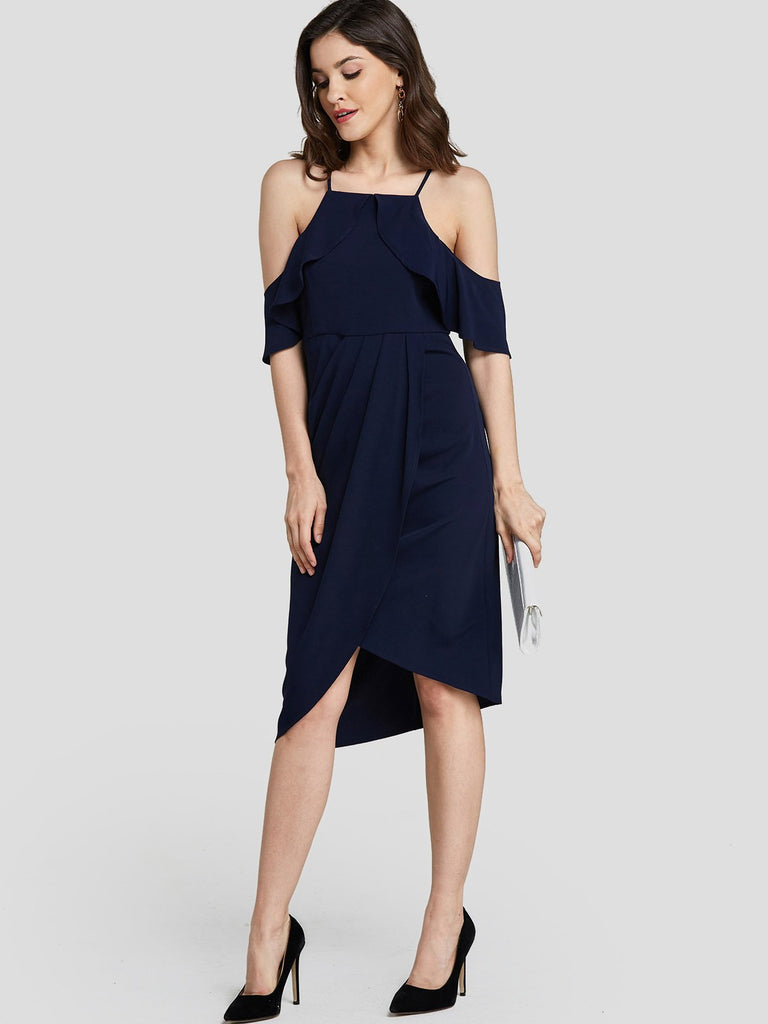 Navy Cold Shoulder Half Sleeve Plain Crossed Front Cut Out Spaghetti Strap Slit Hem Sexy Dress