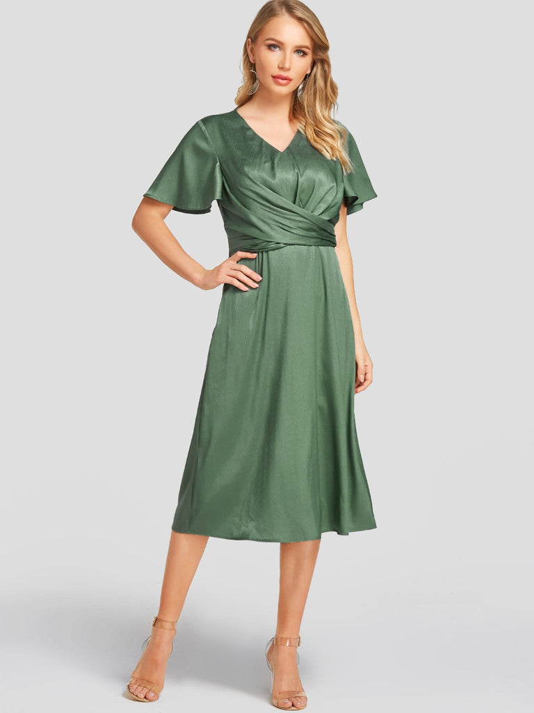 Green V-Neck Short Sleeve Plain Crossed Front Dresses