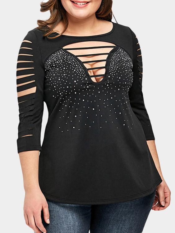 Scoop Neck Hollow Sequins Embellished 3/4 Sleeve Curved Hem Black Plus Size Tops