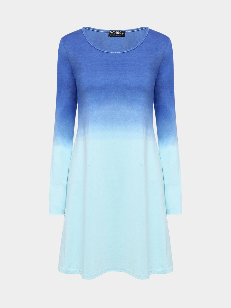 Blue Round Neck Long Sleeve Mini Dress