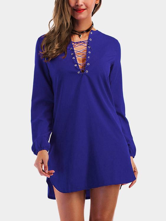 V-Neck Long Sleeve Plain Lace-Up Curved Hem Mini Dress