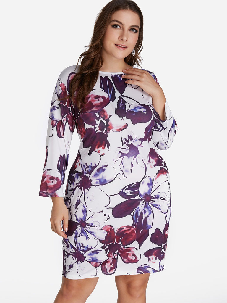 Round Neck Floral Print Long Sleeve Curved Hem Purple Plus Size Dresses