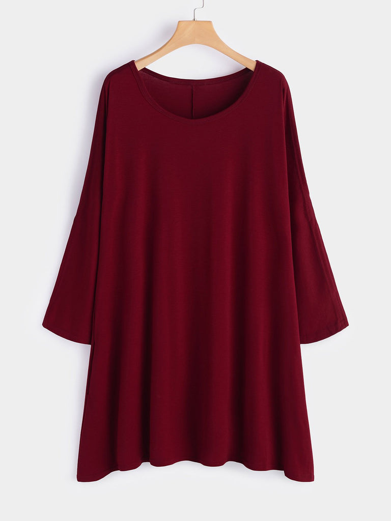 Round Neck Plain Hollow Long Sleeve Burgundy Midi Dress