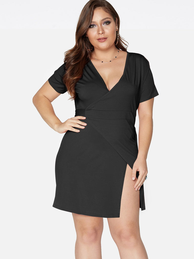 Deep V Neck Plain Self-Tie Short Sleeve Slit Hem Black Plus Size Dresses