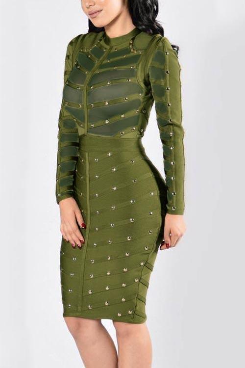 Green Crew Neck Long Sleeve Midi Dress