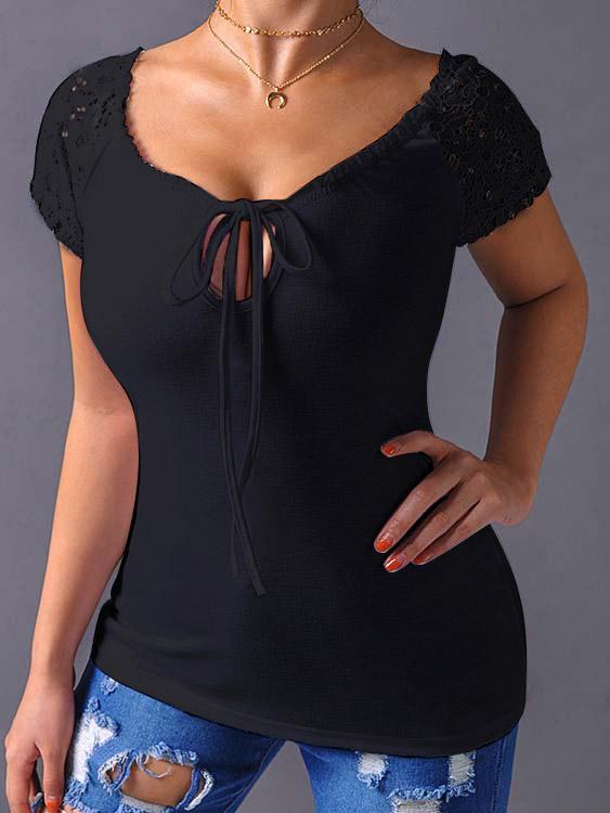 V-Neck Lace Details Lace-Up T-Shirt