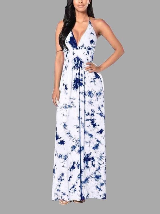 Deep V-Neck Sleeveless Printed Backless Maxi Dress