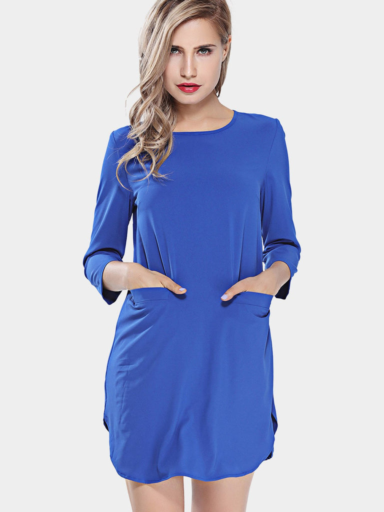 Blue Crew Neck 3/4 Length Sleeve Plain Curved Hem Mini Dresses