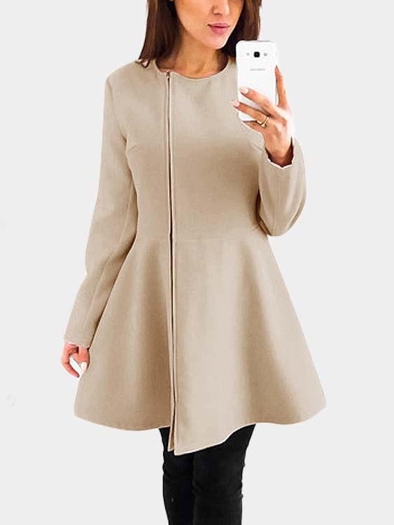 Round Neck Zip Back Long Sleeve Ruffle Hem Khaki Mini Dress