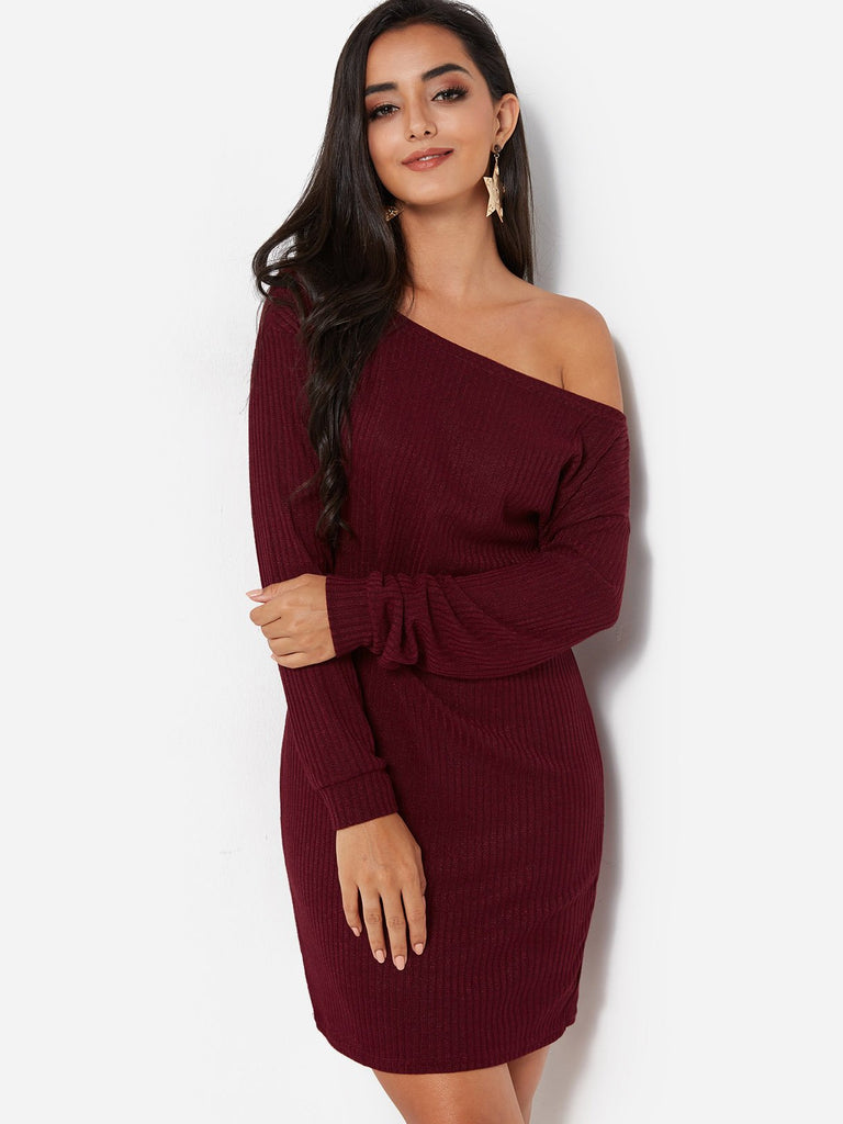 Burgundy One Shoulder Long Sleeve Bodycon Casual Dress