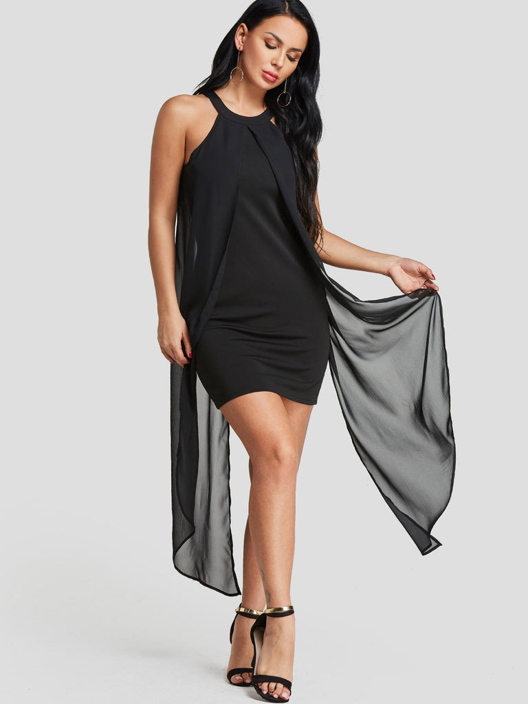 Black Halter Sleeveless Plain Zip Back Sexy Dresses