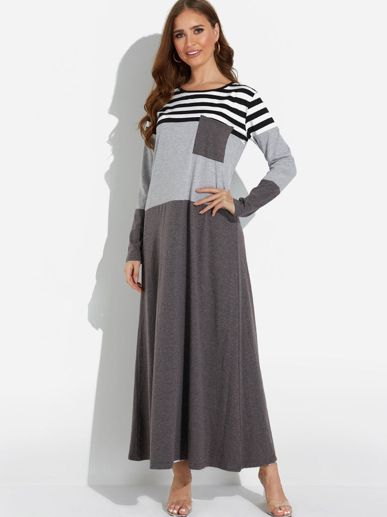 Grey Round Neck Long Sleeve Stripe Maxi Dress