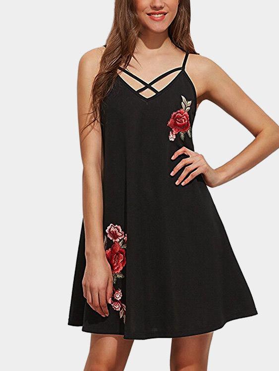 Black V-Neck Sleeveless Embroidered Mini Dresses