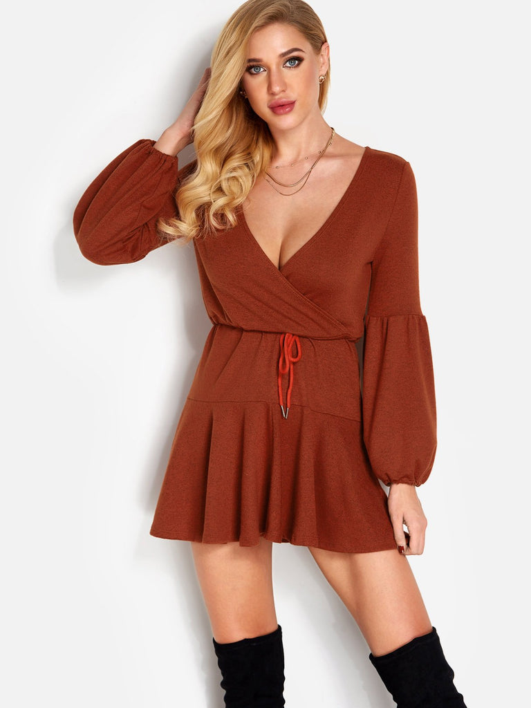 V-Neck Long Sleeve Lace-Up Wrap Dresses