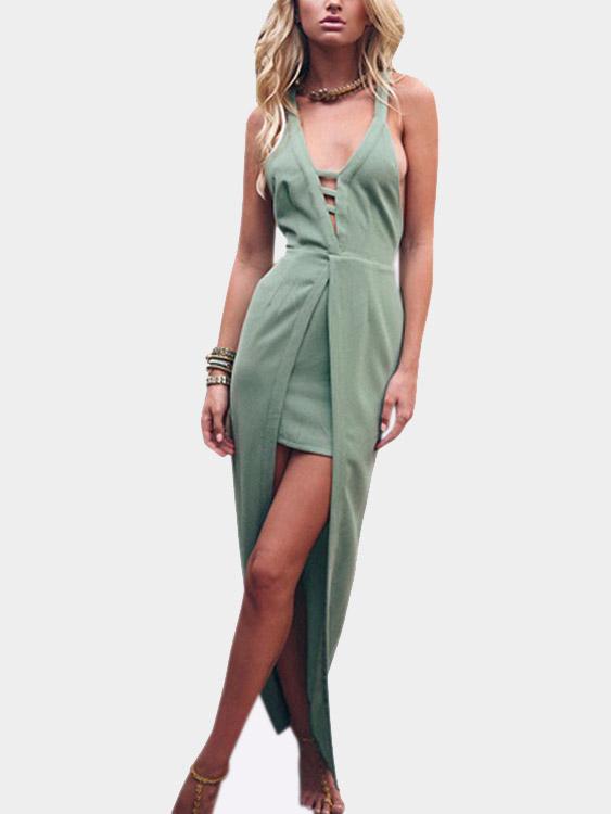 Green V-Neck Sleeveless Backless Spaghetti Strap Dresses