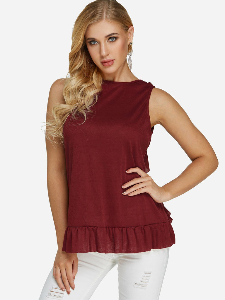 Crew Neck Plain Lace Sleeveless Ruffle Hem Tank Top