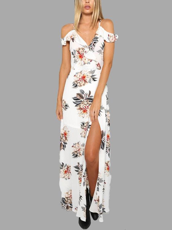 V-Neck Floral Print Backless Slit Hem Dresses