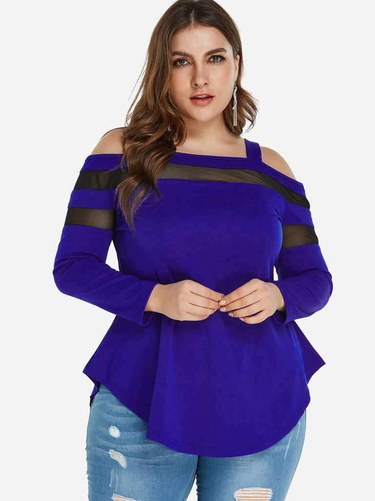 Cold Shoulder Plain Cut Out Long Sleeve Curved Hem Blue Plus Size Tops