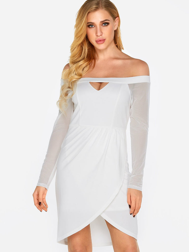 White Off The Shoulder Long Sleeve Plain Crossed Front Hollow Pleated Wrap Irregular Hem Dresses