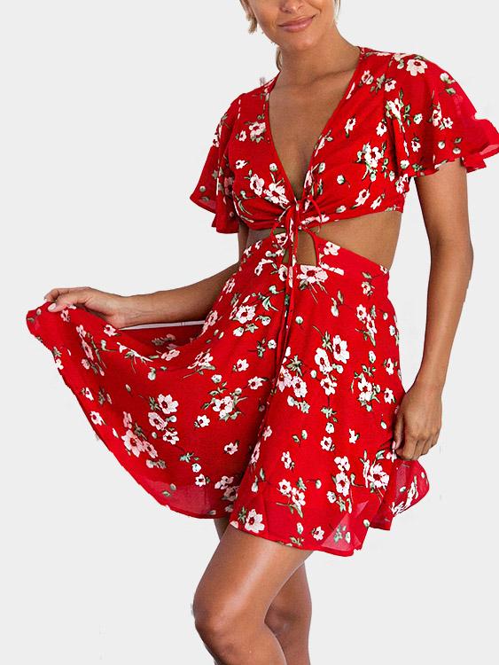 Red V-Neck Short Sleeve Floral Print Backless Casual Dresses