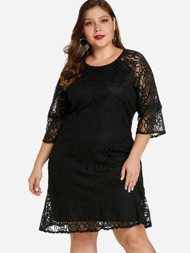 Round Neck Plain Lace 3/4 Sleeve Plus Size Dress